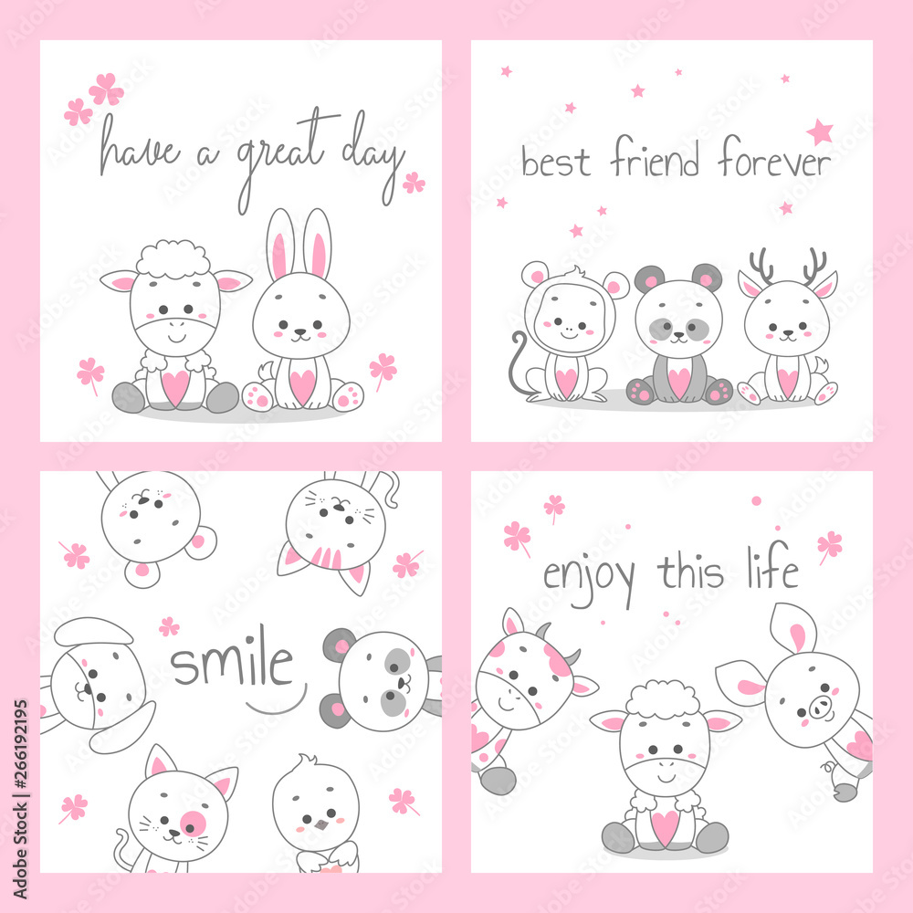 cute doodle pink greeting card vector set bundle cute doodle pink greeting card vector set bundle