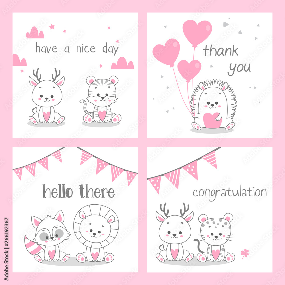 cute doodle pink greeting card vector set bundle