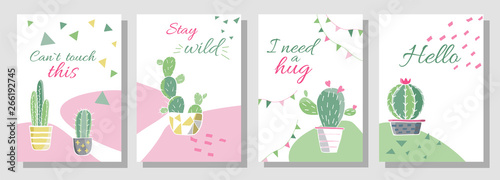 Cards template with pictures of cactuses with outlines. Vector cactus with flower in colored illustration. Vector botanical illustration in watercolor style. Templates of cards, flyers and posters