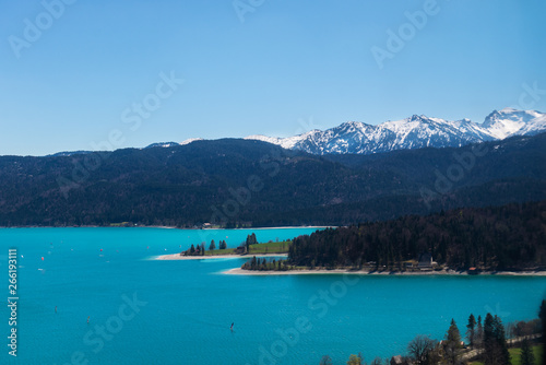 View on the Lake Walchensee from the top of Herzogstand, people can reach it with Herzogstand Cable Car, Bavaria, Germany