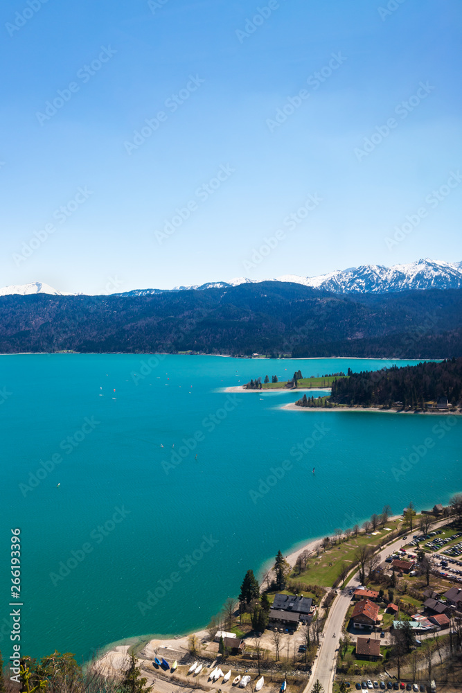 View on the Lake Walchensee from the top of Herzogstand, people can reach it with Herzogstand Cable Car, Bavaria, Germany