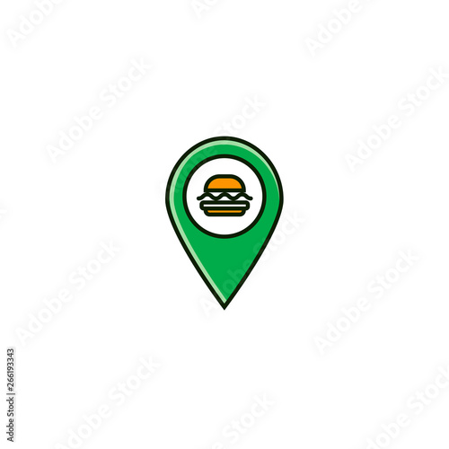 Burger or hamburger point geotag icon in flat color line design. Fast food map pin or navigation mark in outline minimal design.