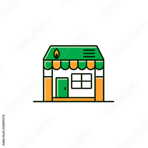 Convenience store or shop building flat color line icon. Storefront or market facade at gas station vector sign or symbol.
