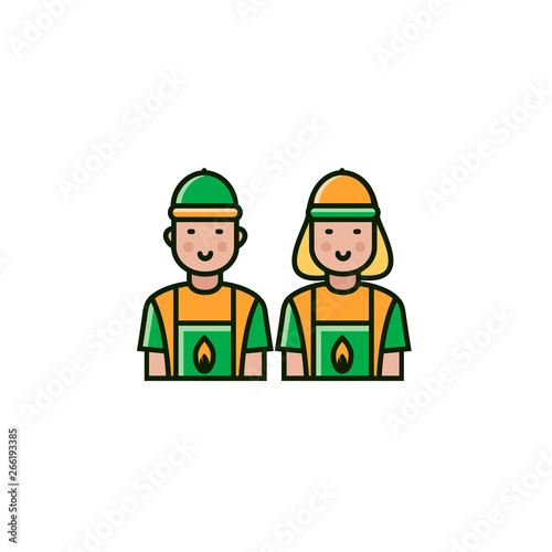 Male and female gas station attendants  gas jockeys  petrol butlers flat color line icons. Fuel  gas or petrol service workers in outline design.
