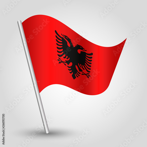 vector waving simple triangle albanian flag on slanted silver pole - symbol of albania with metal stick