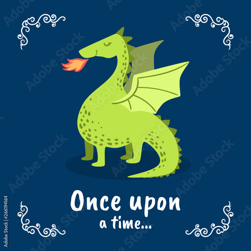 Once Upon a Time Banner Template, Fairytale Dragon on Dark Blue Background, Design Element Can Be Used for Invitation Card, Flyer, Poster, Label, Brochure Vector Illustration