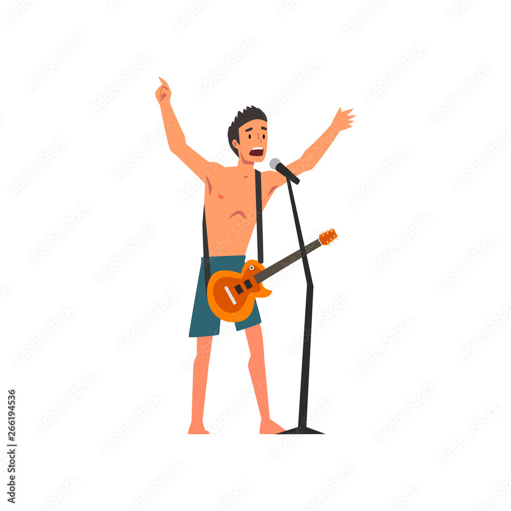 Male Rock Musician Playing Guitar and Singing with Microphone at Open Air Concert, Rock Fest, Outdoor Summer Music Festival Vector Illustration Male Rock Musician Playing Guitar and Singing with Microphone at Open Air Concert, Rock Fest, Outdoor Summer Music Festival Vector Illustration