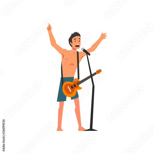Male Rock Musician Playing Guitar and Singing with Microphone at Open Air Concert, Rock Fest, Outdoor Summer Music Festival Vector Illustration