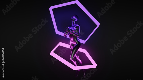 Futuristic concept of female character with neon lights. 3d Illustration