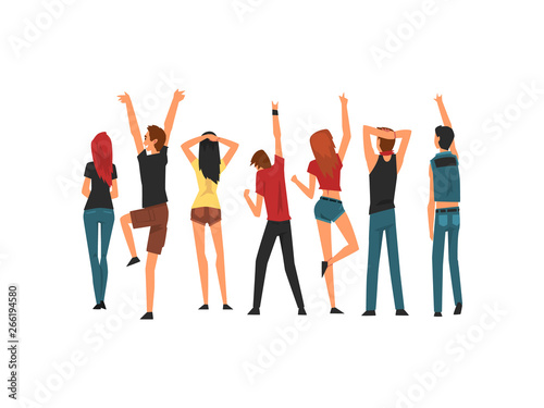 Crowd of People Dancing and Having Fun Outdoor at Open Air Concert, Rock Fest, Outdoor Summer Music Festival, View From the Back Vector Illustration