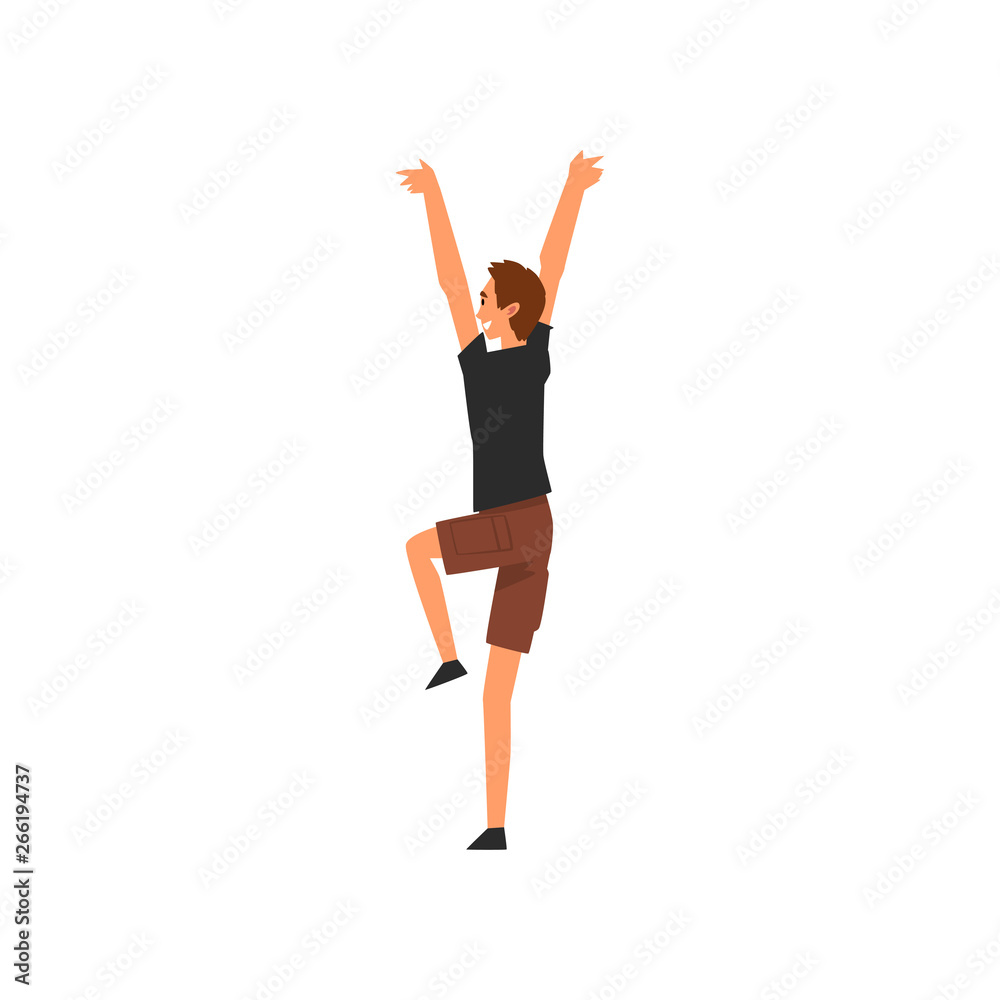 Young Man Dancing and Having Fun Outdoor at Open Air Concert, Rock Fest, Outdoor Summer Music Festival Vector Illustration