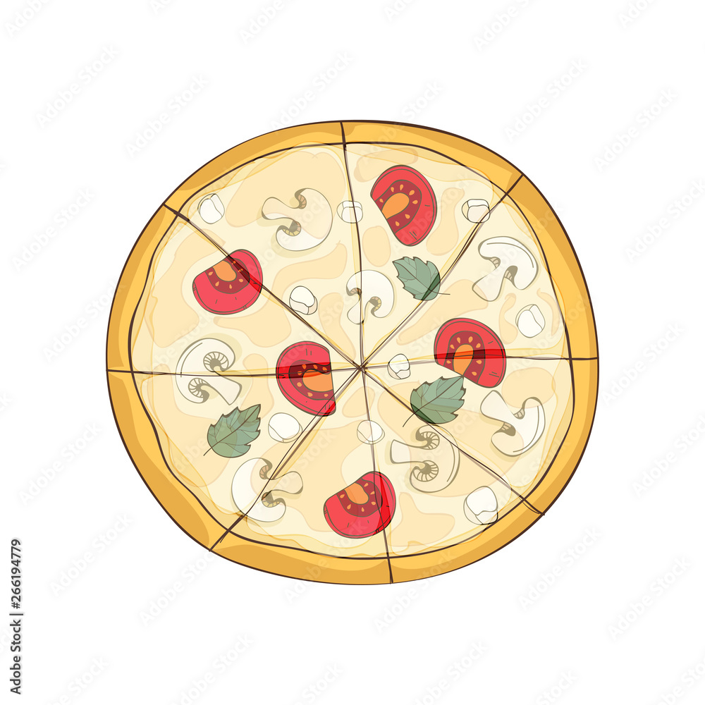 Ready pizza with mushrooms, vegetables and cheese. Vector illustration