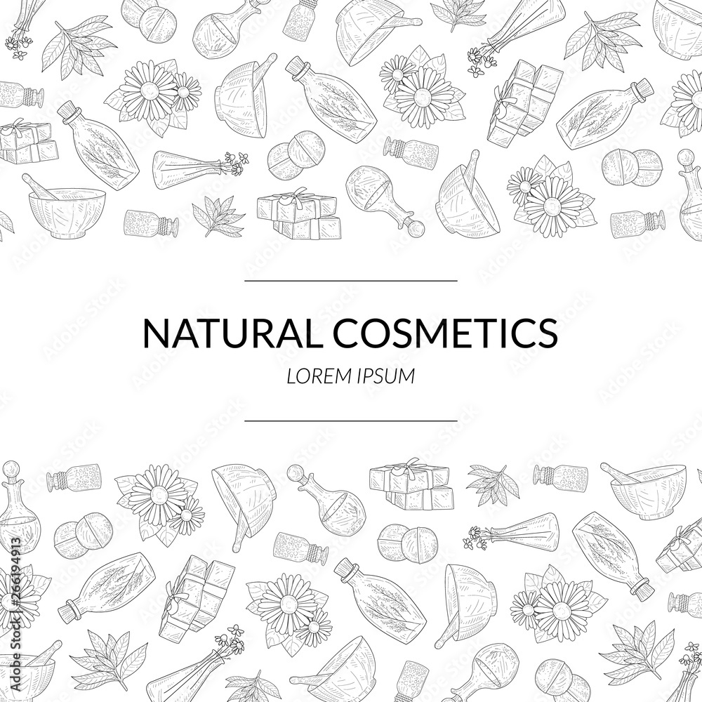 Natural Cosmetics Banner Template, Eco Organic Beauty Care Products Hand Drawn Pattern, Design Element Can Be Used for Packaging, Branding Identity, Brochure Vector Illustration