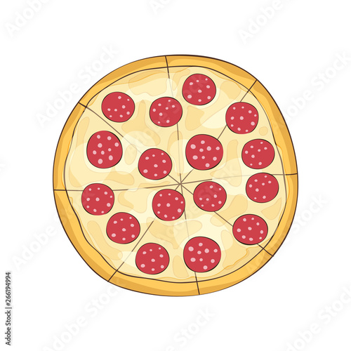 Hot ready pizza with salami and cheese. Vector illustration.