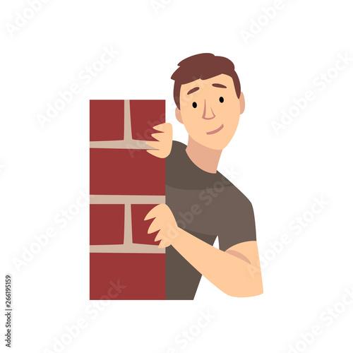 Young Man Looking From Behind Corner of Brick Wall Cartoon Vector Illustration