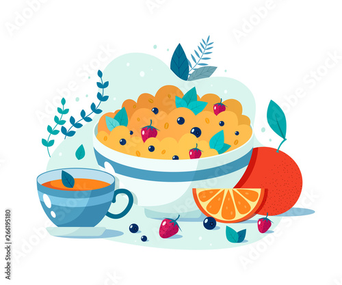 Bowl of oatmeal with strawberries and blueberries cup of green tea. Vector flat illustration of healthy breakfast.