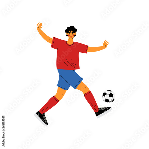 Man Playing Soccer, Male Professional Athlete Character in Sports Uniform Running with Ball, Active Healthy Lifestyle Vector Illustration