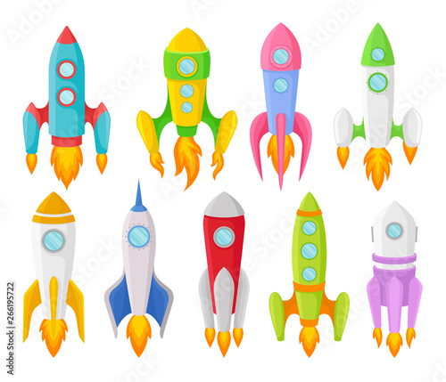 Nine multi-colored children rockets of different shapes. Vector illustration