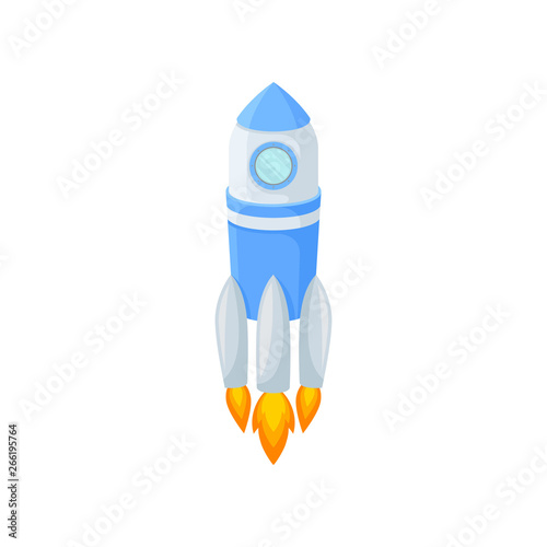 Blue rocket takes off with fire. Vector illustration.