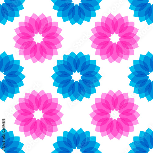 Beautiful seamless pattern with blue and pink flowers. Vector illustration