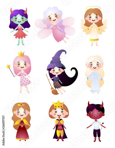 Set of kids character in different holiday costume clothes