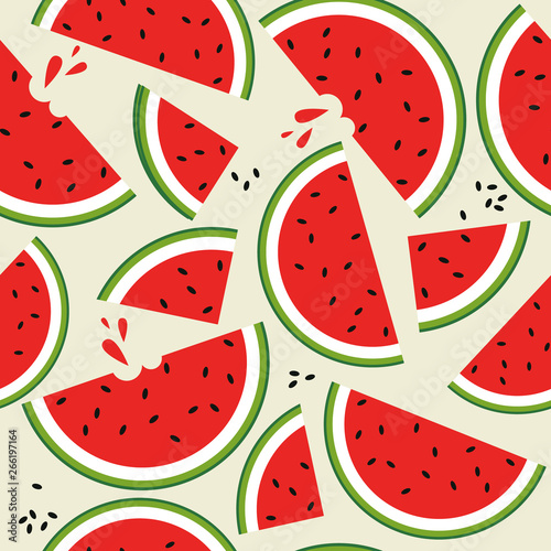 Fresh fruits, hand drawn backdrop. Colorful wallpaper vector. Seamless pattern with ripe watermelons. Decorative illustration, good for printing. Overlapping background design