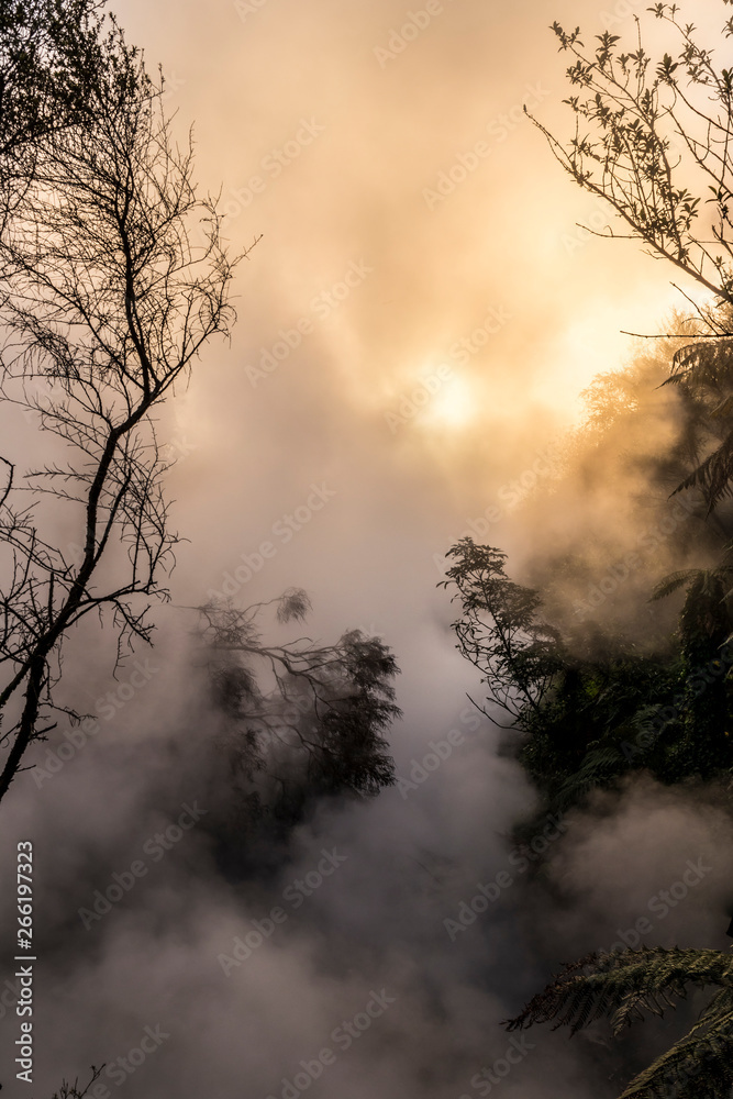 Fototapeta premium Yellow sun bursting through the steam of a geothermal river