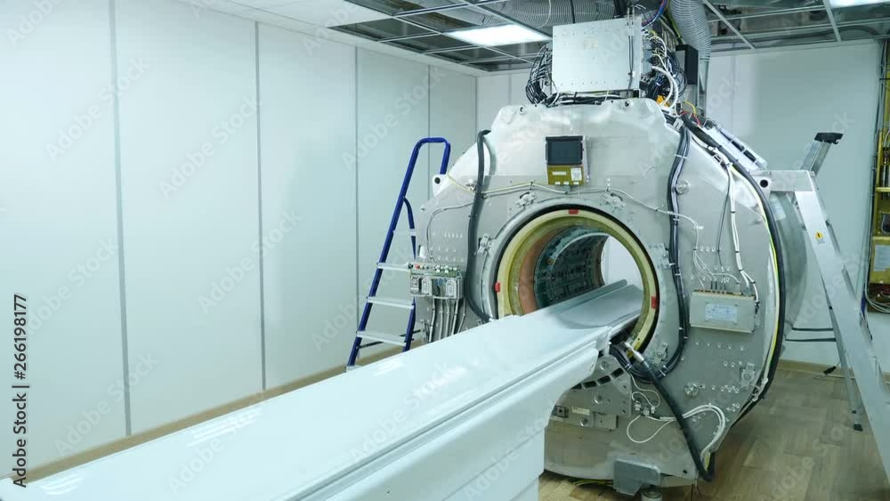 MRI scanner without upper plastic covering panels. MRI machine