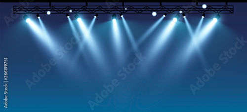 Vector stage with set of blue spotlights. Blue stage lights.