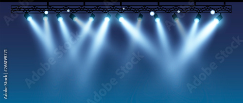 Vector stage with set of blue spotlights. Blue stage lights.