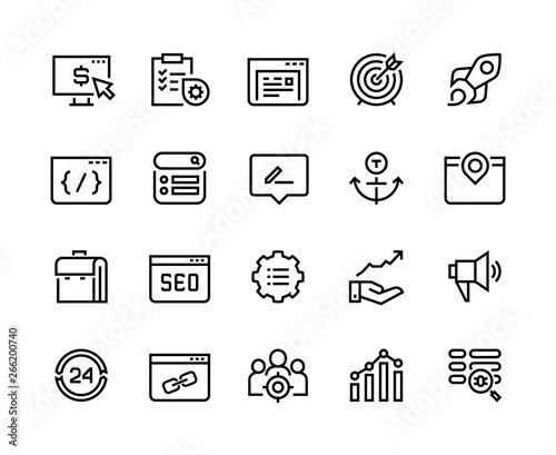 SEO line icons. Web business trend network analysis media target strategy website analytic. Search engine optimization vector infographic set