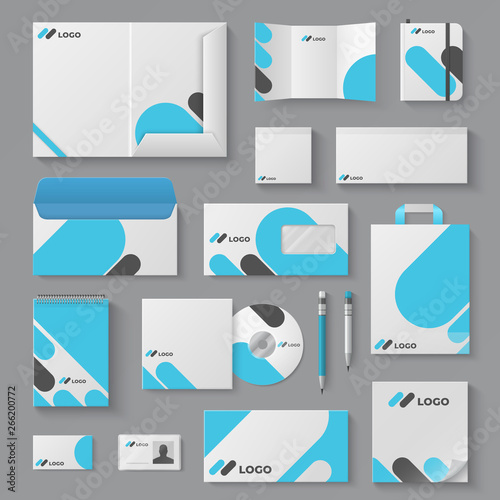 Corporate brand identity. Business stationery mockup branding envelope card mug document presentation. Corporation 3D vector logo template set