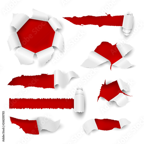 Paper hole. Realistic torn edge rip white sheet sticker sale tag promotional cardboard holes roll page. Vector loch ripped scroll elements
