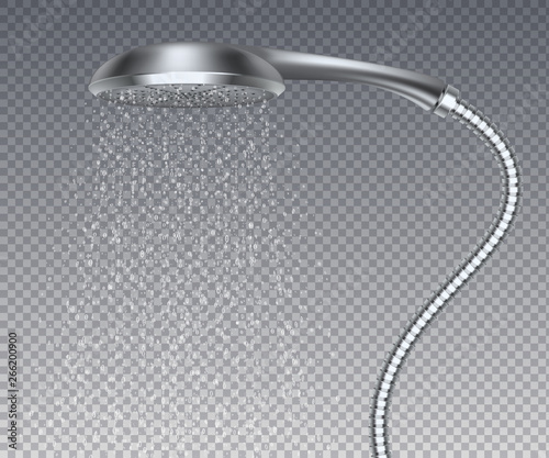 Bathroom metal head. Realistic water rain shower, isolated metal sprinkler with water spray. Vector realistic elegant contemporary shower watering