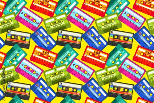 Vintage cassettes pattern. Pop music retro 1980s sound tape, old school stereo technology, dj mix tape. Vector abstract cassette illustrations background