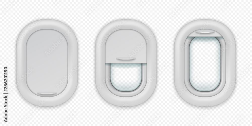 Airplane windows. Realistic aircraft porthole in different positions, open closed and half closed. Vector illuminations isolated design template