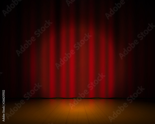 Realistic theater stage. Red curtains and spotlight, Broadway show background, elegant cinema drape. Vector textile 3D concert vintage scene