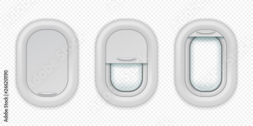Airplane windows. Realistic aircraft porthole in different positions, open closed and half closed. Vector illuminations isolated design template