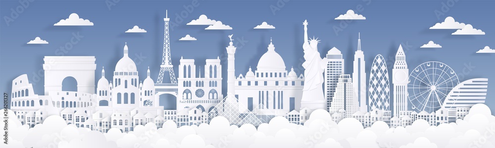 Paper cut landmarks. Travel the world background, skyline advertising card, Paris London Rome buildings silhouettes. Vector cityscape illustration