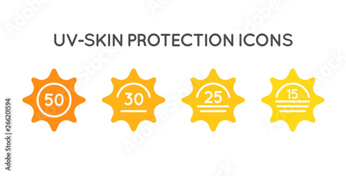 Set of Sun Protection UV Index, SPF 50, SPF 30, 25, 15 Vector Icons Collection. photo