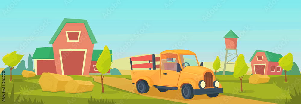 Fototapeta premium Agriculture. Farm rural landscape with orange truck, red barn, house and ranch, water tower and haystack.