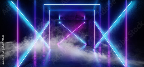 Smoke Neon Glowing Sci Fi Futuristic Background Alien Spaceship Vibrant Fluorescent Laser Show Stage Dark Grunge Concrete Purple Blue Pink Reflection Gate X Shaped Lights Led 3D Rendering