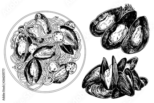 Hand drawn mussels