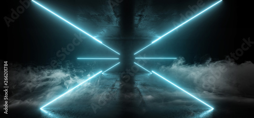 Smoke Neon Glowing Sci Fi Futuristic Background Alien Spaceship Vibrant Fluorescent Laser Show Stage Dark Grunge Concrete Blue Reflection Gate X Shaped Lights Led 3D Rendering