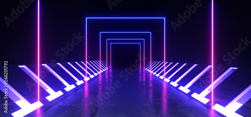 Concrete Grunge Brick Corridor Tunnel Dark Hall Reflective Neon Glowing Sci Fi Futuristic Modern Path Purple Blue Vibrant Rectangle Shapes Gate Stage Show Laser 3D Rendering