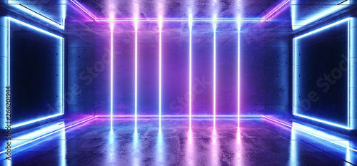 Sci Fi Neon Futuristic Purple Blue Cold Club Stage Room Hall Show Vibrant Virtual Reality Laser Beam Led Lights Glowing Reflection Dark Luminous Fluorescent Alien Spaceship 3D Rendering