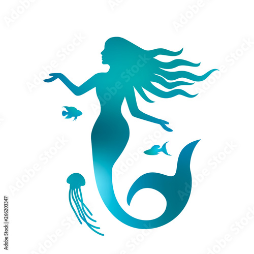 Silhouette of a beautiful mermaid with long hair under the water. flat vector illustration isolated