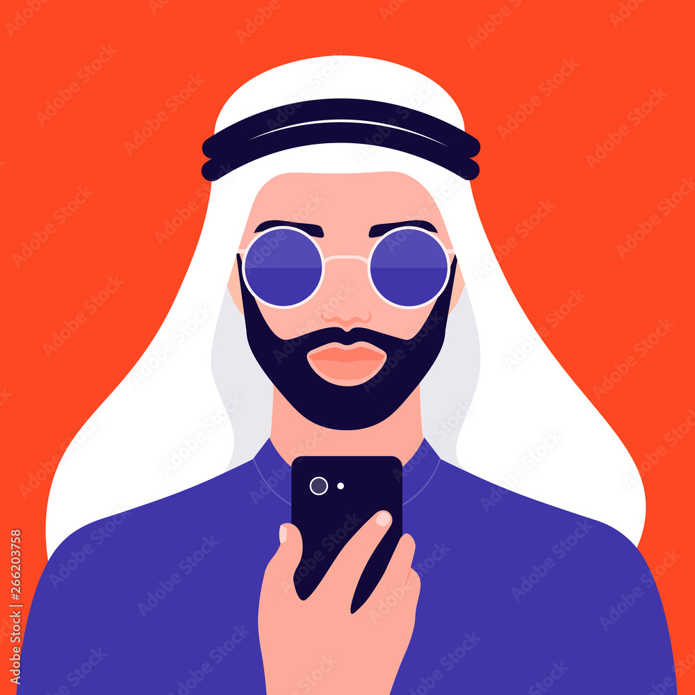 Portrait of a young Arab man with a beard. Oriental businessman in sunglasses. The guy in national clothes. Vector flat illustration