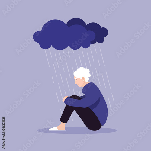Profile of an old woman. A pensioner sits clasping her legs. Depression and melancholy. Vector flat illustration
