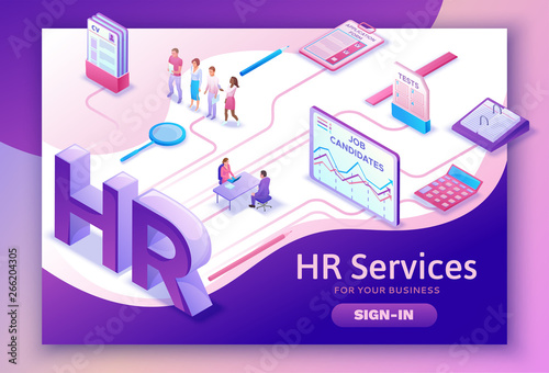 Recruitment agency isometric infographic landing page template with 3d employer hiring talent  worker, candidates search work via human resource mobile app, office business people, vector illustration